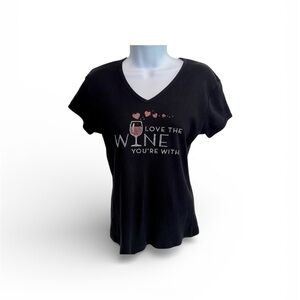 Chris's Stuff Love the Wine Your With Bedazzled Jeweled T Shirt Black Sz. M